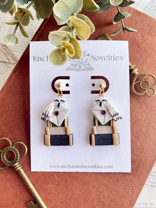 White Owl and Books Earrings