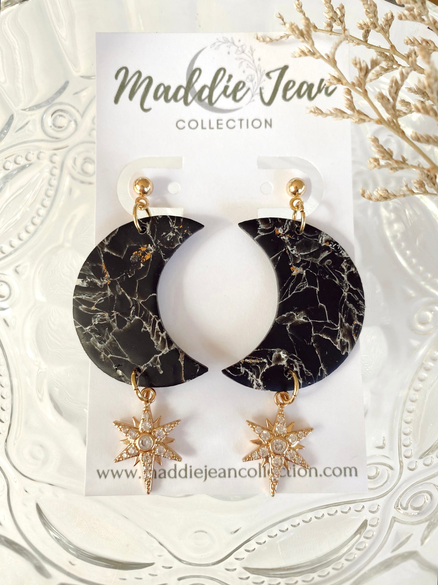 Black Marbled Moon Earrings