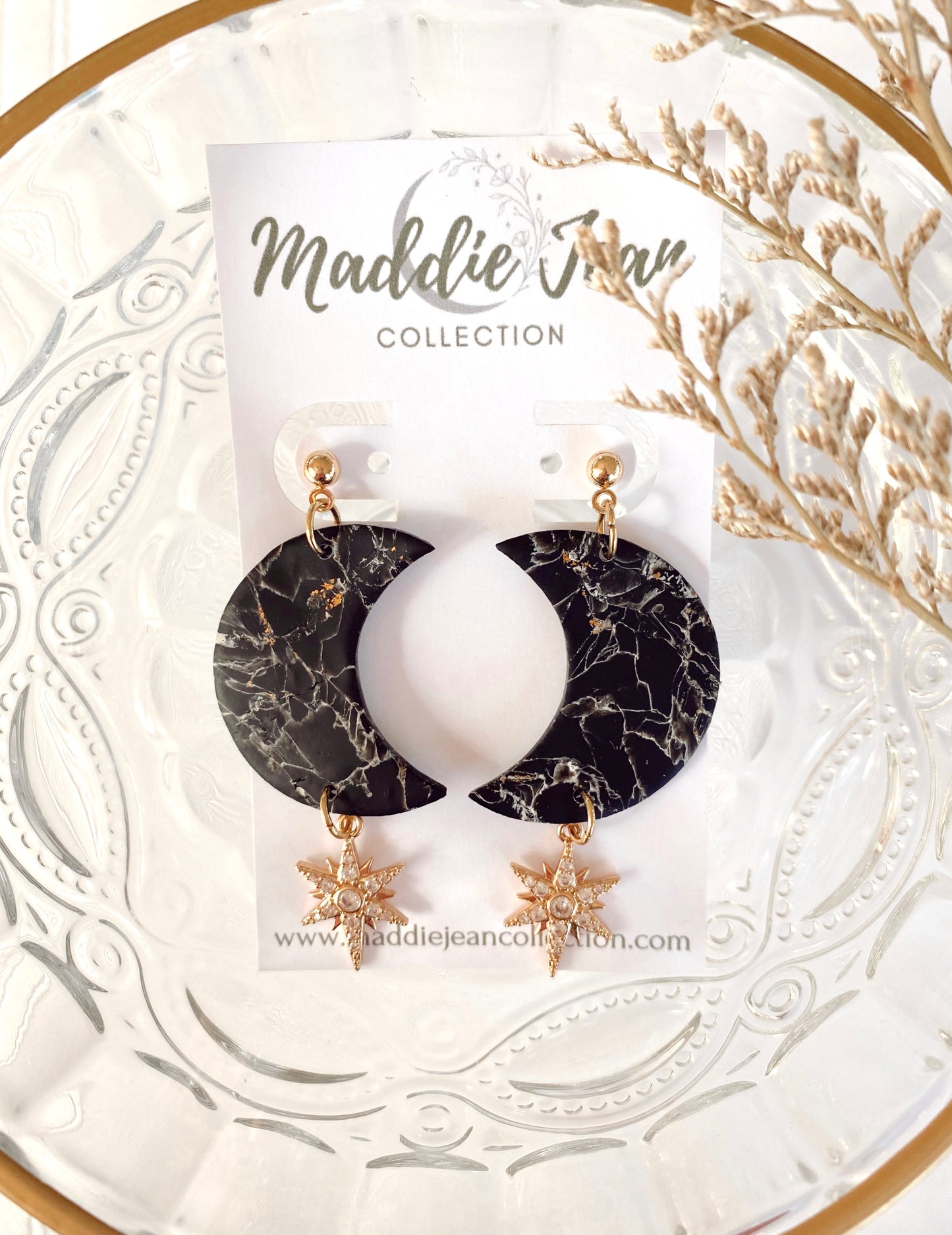 Black Marbled Moon Earrings